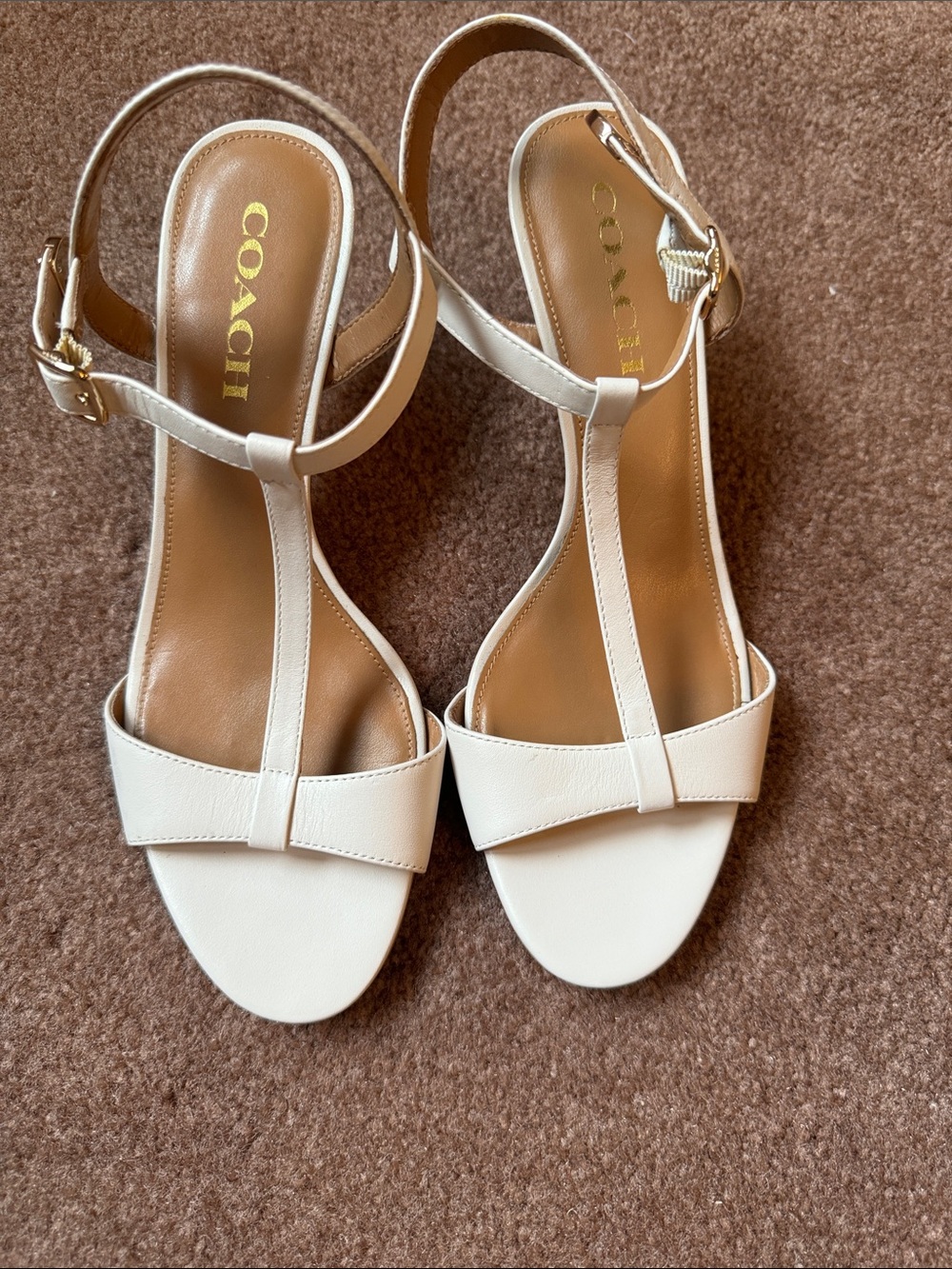 COACH Cream Leather T-Strap Sandals with Gold Hardware